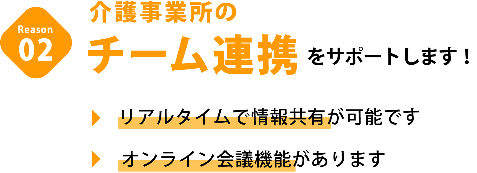 介護事業所のチーム連携をサポートします!リアルタイムで情報共有が可能です。オンライン介護機能があります